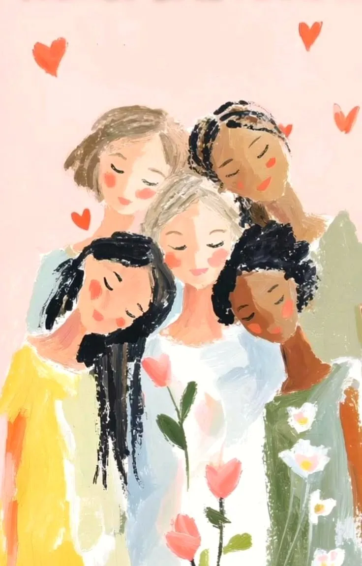 An illustration of five women standing close together, eyes closed