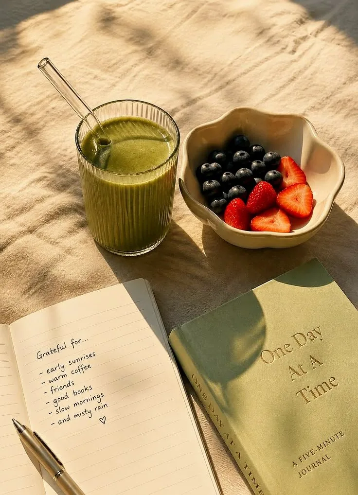 A green smoothie and a bowl of fresh fruit beside an open journal
