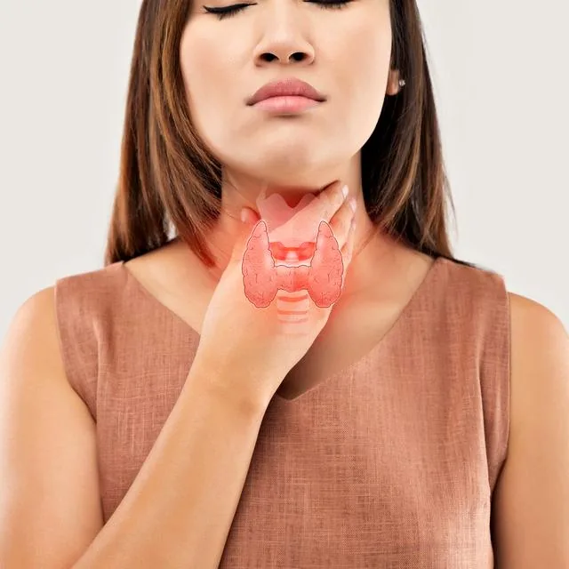 A woman resting a hand against her throat, the thyroid gland illustrated over it