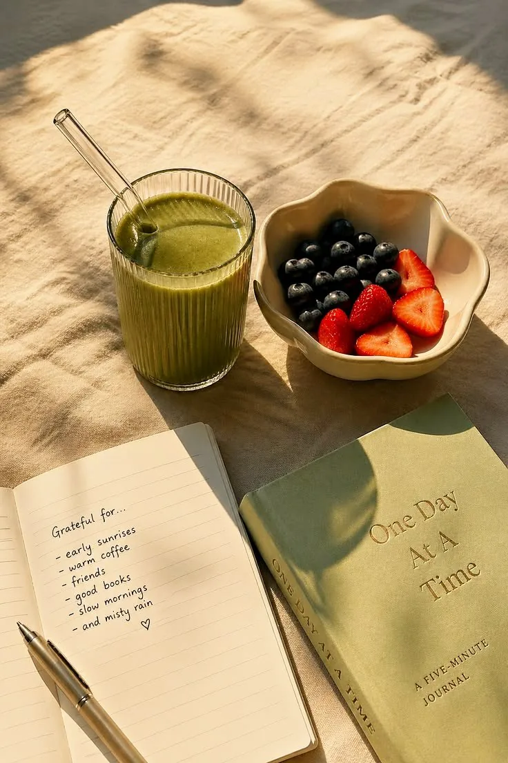 A green smoothie and a bowl of berries beside an open journal