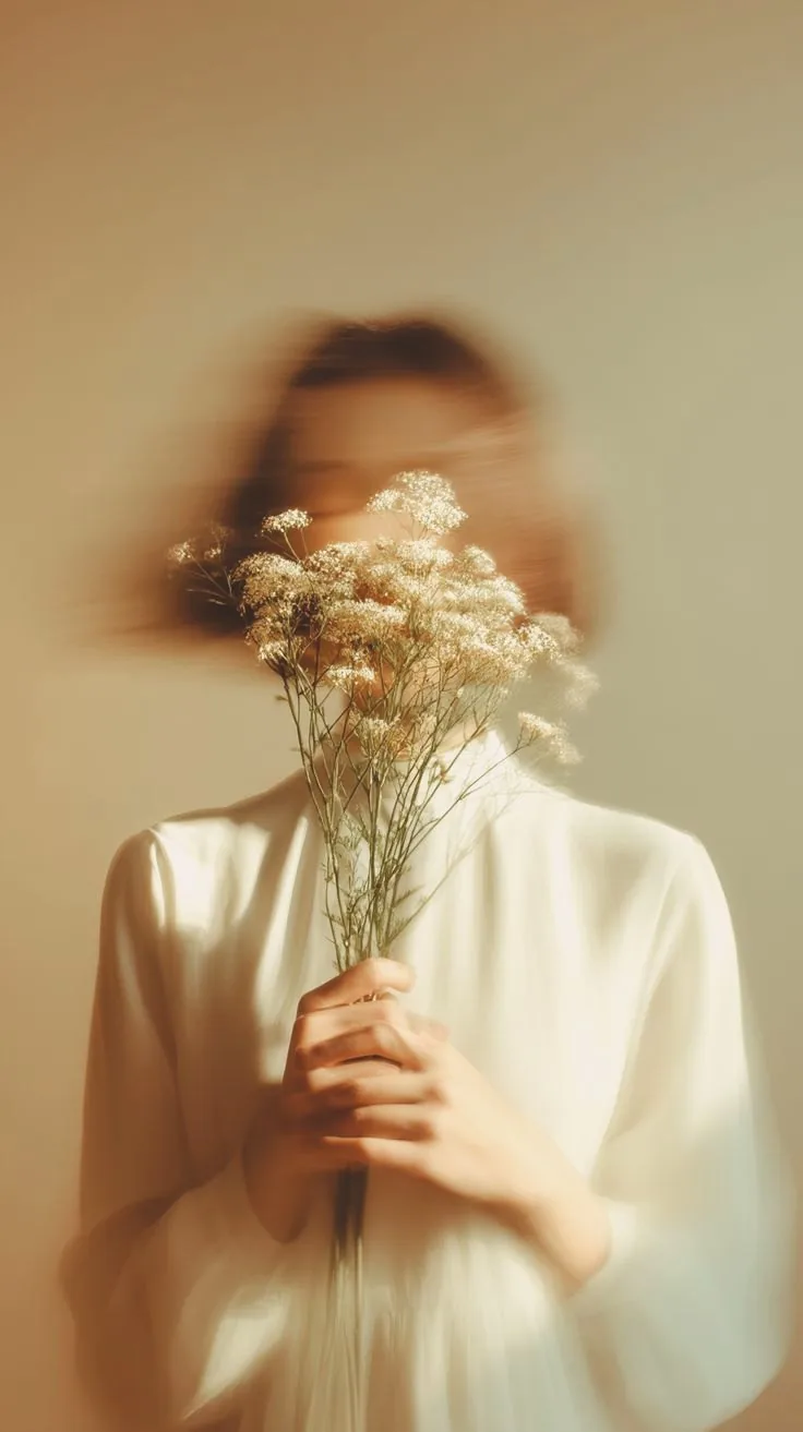 A woman holding a bunch of dried gypsophila in front of her face