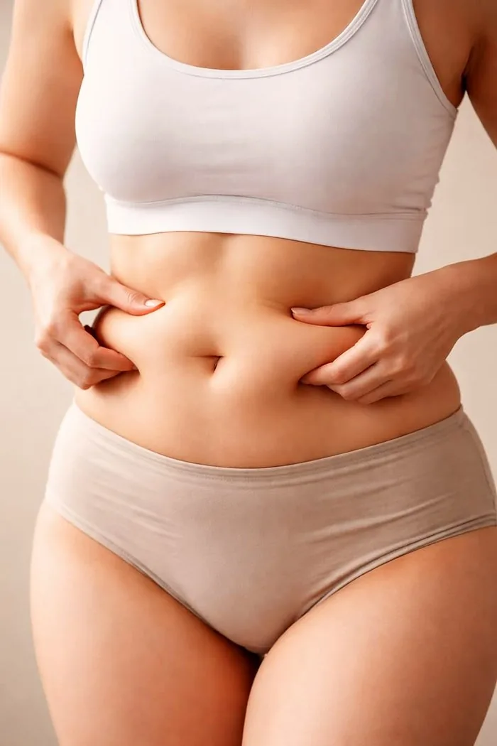 A woman's midsection, hands resting on her stomach