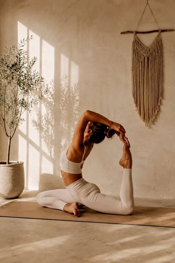 A woman practising yoga in a sunlit room
