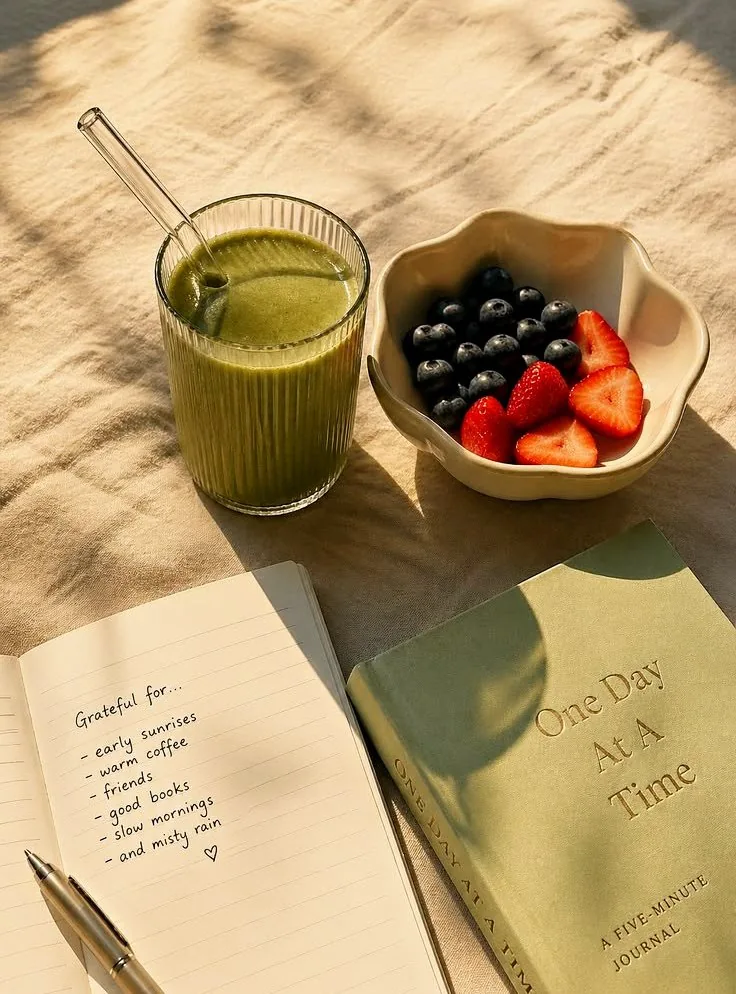 A green smoothie and a bowl of berries beside an open journal