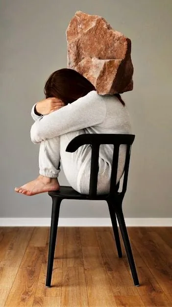 A woman curled up on a chair with a heavy stone resting on her head